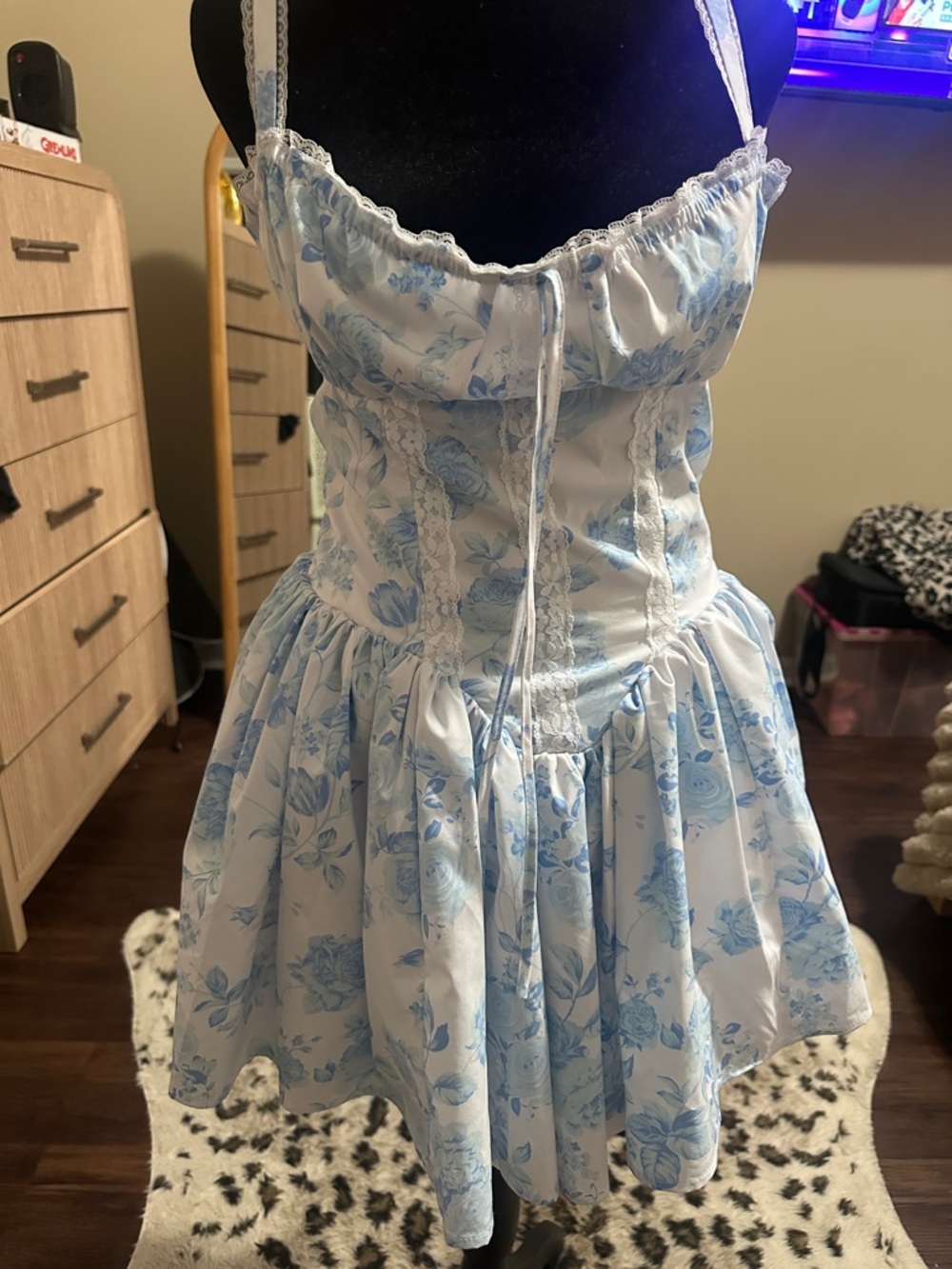 Light Blue Floral Lace-Trim Sundress With Corset Lacing